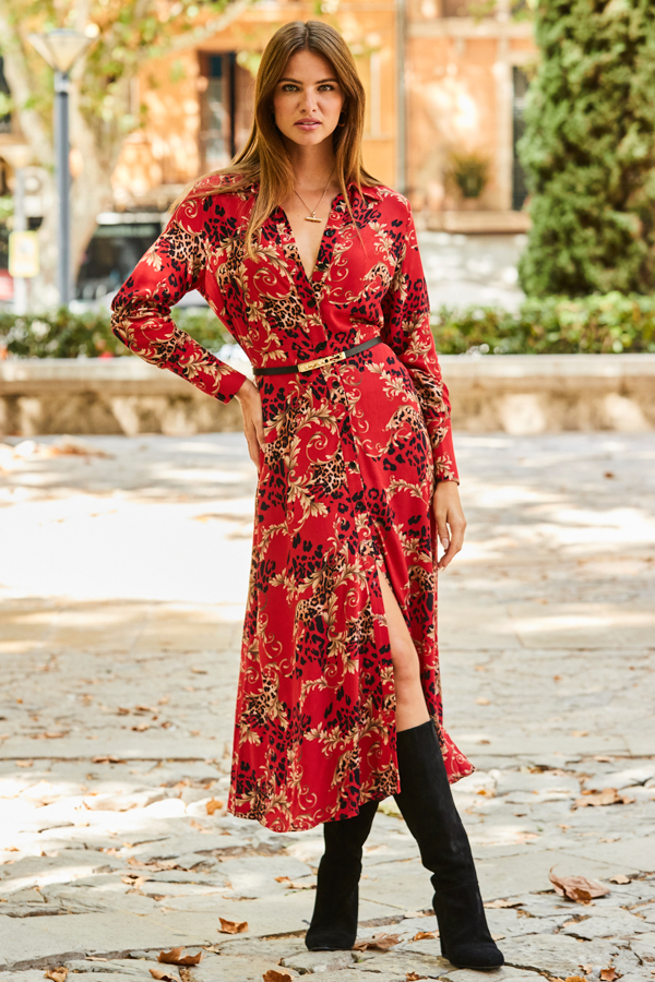 Red Multi Print Midi Shirt Dress