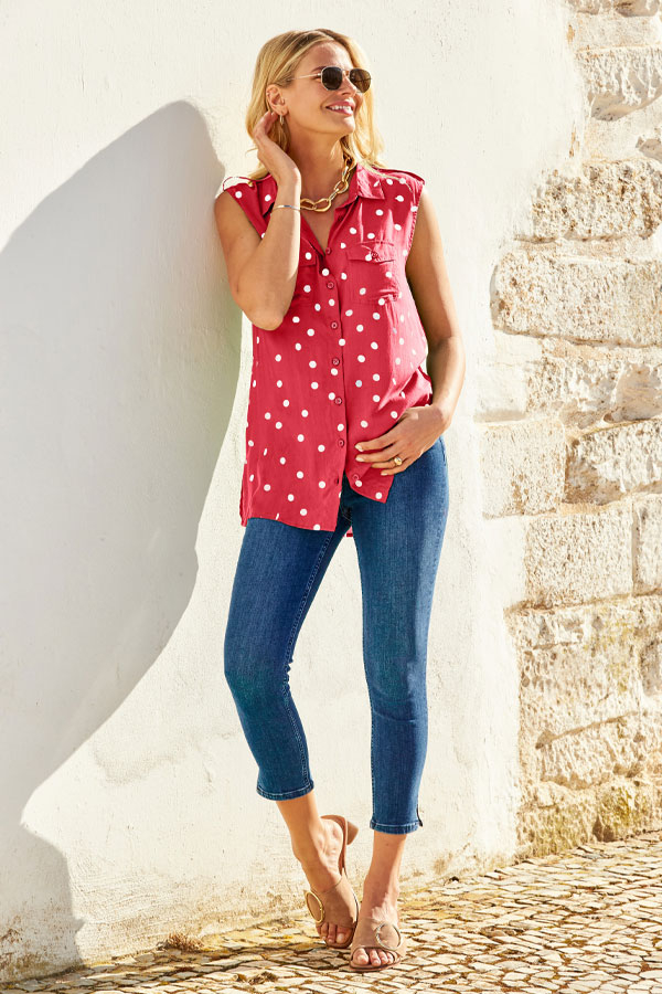 Red & White Spot Print Sleeveless Utility Shirt