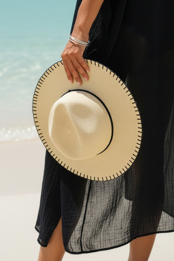 Natural Stitch Trim Summer Hat With String Detail