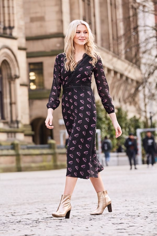 Black Butterfly Print Fit & Flare Dress 