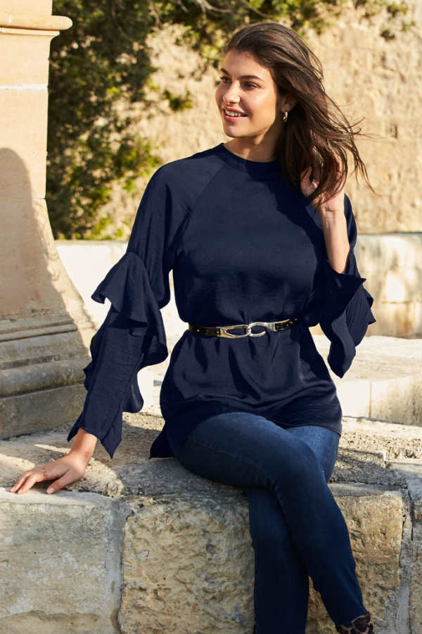 Navy Blue Ruffle Sleeve Relaxed Fit Top