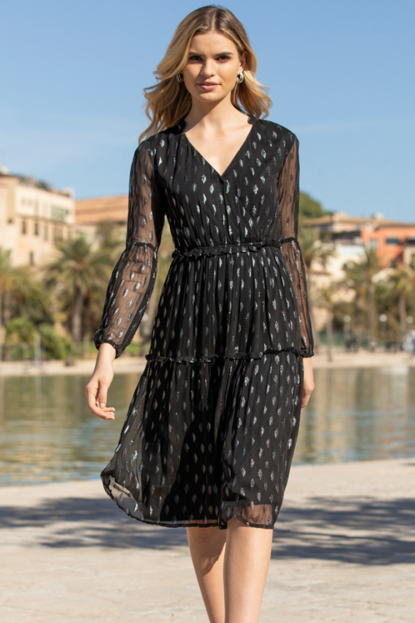 Black Metallic Leaf Print Tiered Hem Dress