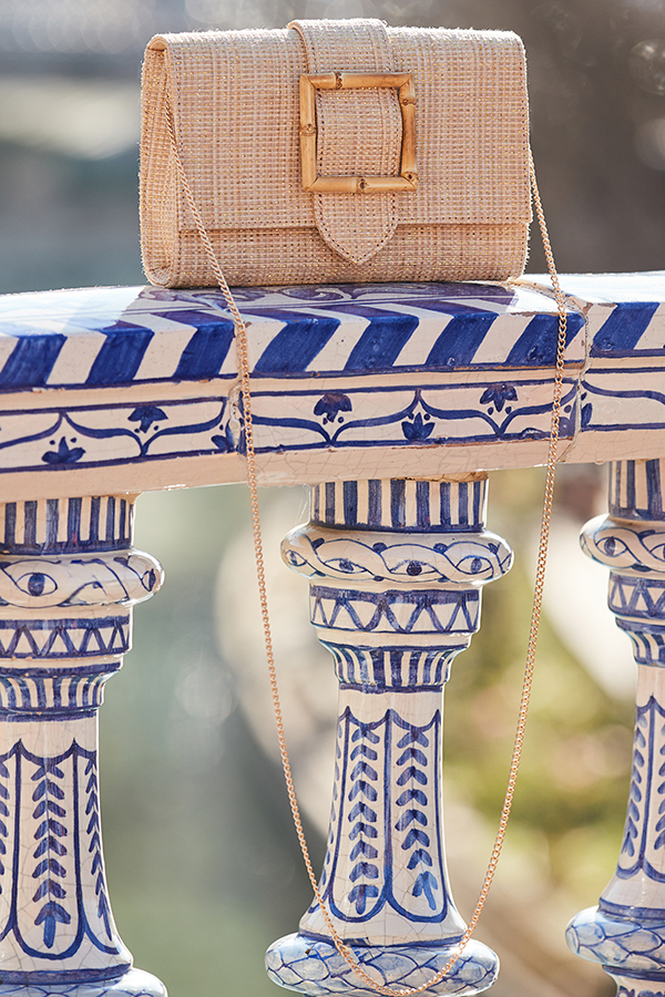 Natural Raffia Bamboo Clasp Detail Clutch Bag