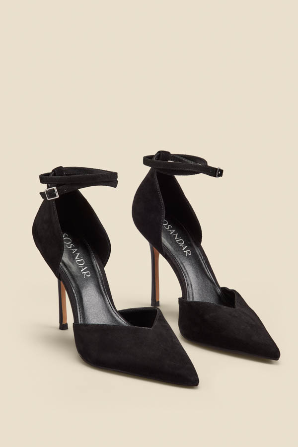Black Suede Ankle Strap Pointed Toe Court Shoes