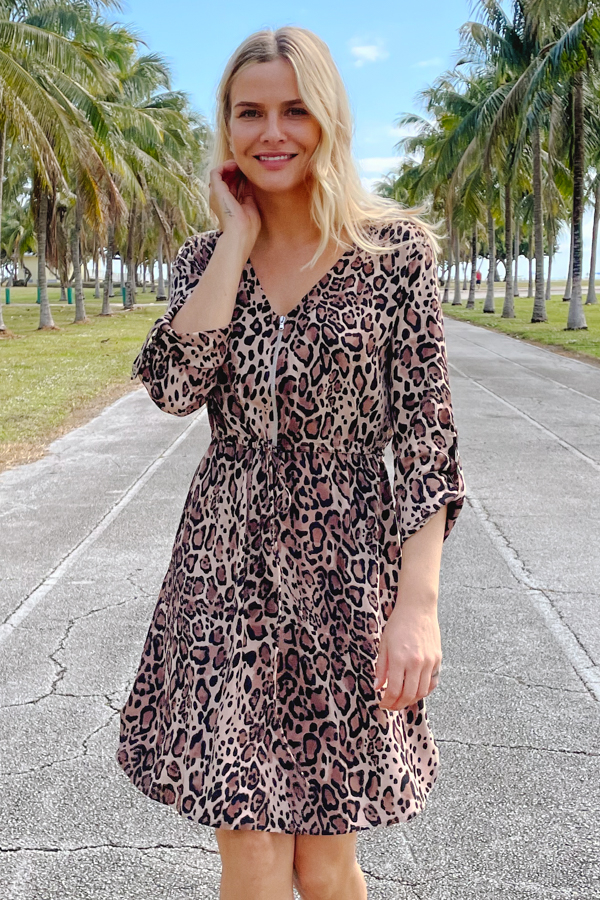 Leopard Print Zip Detail Tie Waist Dress